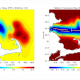 Two salinity maps showing gradients of mostly yellows and reds