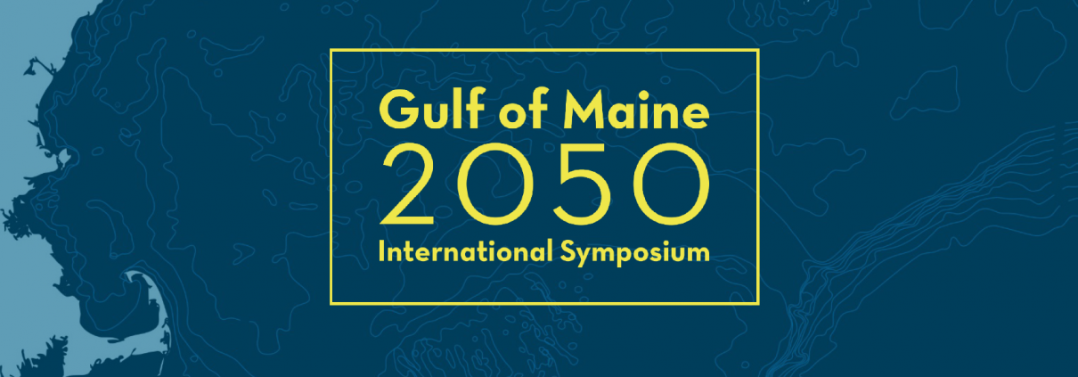 A blue vectorized map of the Gulf of Maine with the symposium logo overlaid