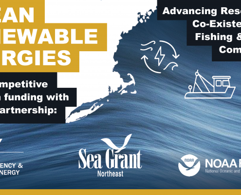 Graphic with a map of the U.S. Northeast, a wave, and three icons representing renewable energy, a fishing boat, and a community network. The text reads, "Ocean Renewable Energies; Advancing research for the co-existence of fishing and coastal communities; $1M+ competitive funding opportunity with unique partnership:" with logos for the Department of Energy EERE Office, Northeast Sea Grant, and NOAA Fisheries.