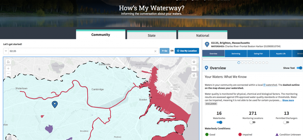 Screenshot of the EPA's How's My Waterway site