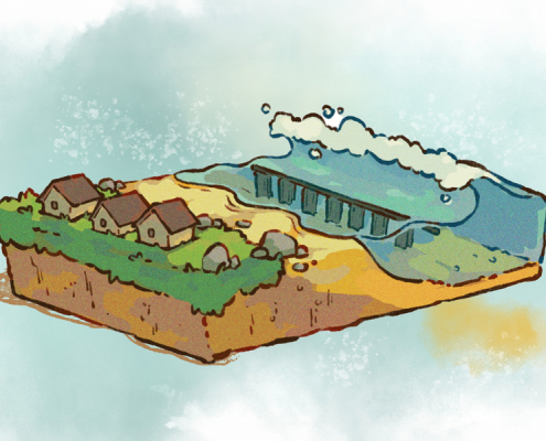 A drawing of the artificial reef structures just off of a coast with houses.