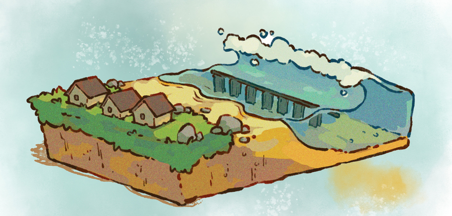 A drawing of the artificial reef structures just off of a coast with houses.