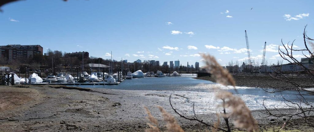 The view down Island End River, which marks the boundary between Chelsea and Everett.