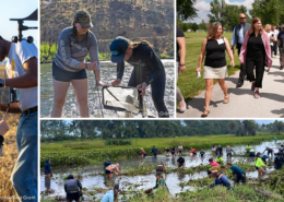 A collage of Sea Grant staff and people outside doing coastal resilience research, education, and outreach activies.