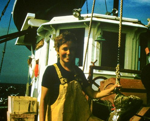 Madeleine Hall-Arber on a fishing vessel as a graduate student